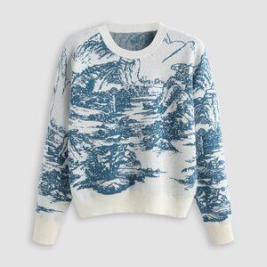 Cider Chinoserie blue delft landscape Sweater XL (US 10/12) NWT